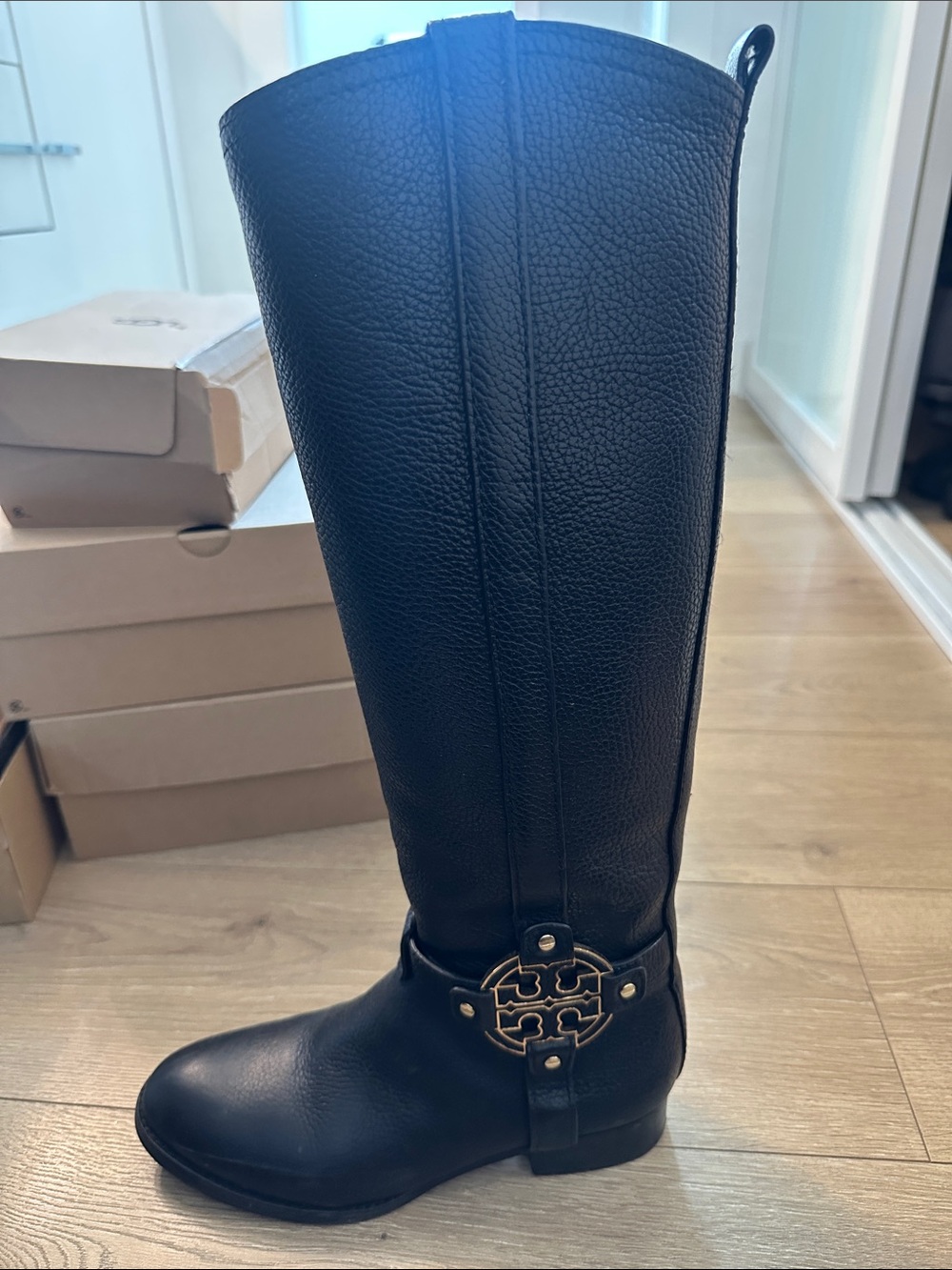Tory Burch Black Tall Leather Logo-Embellished Riding Boots